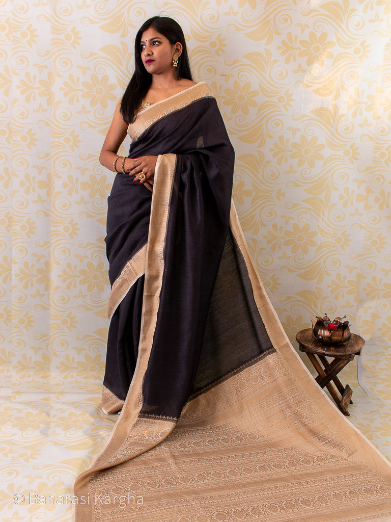 Banarasi Handwoven Pure Muga Silk Saree With Antique Resham Border-Black