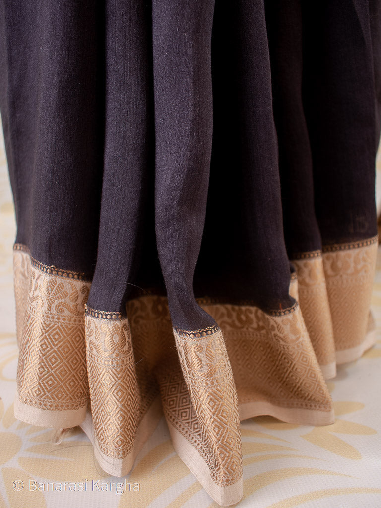 Banarasi Handwoven Pure Muga Silk Saree With Antique Resham Border-Black