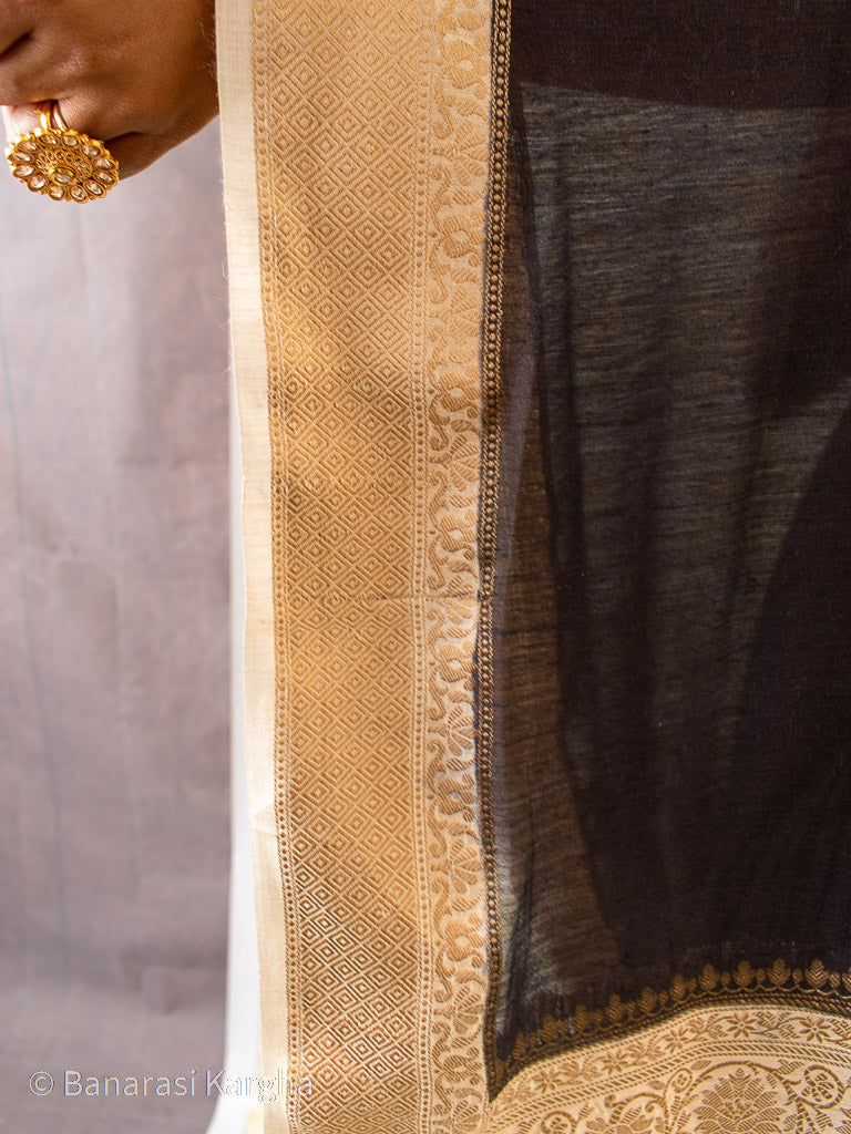 Banarasi Handwoven Pure Muga Silk Saree With Antique Resham Border-Black