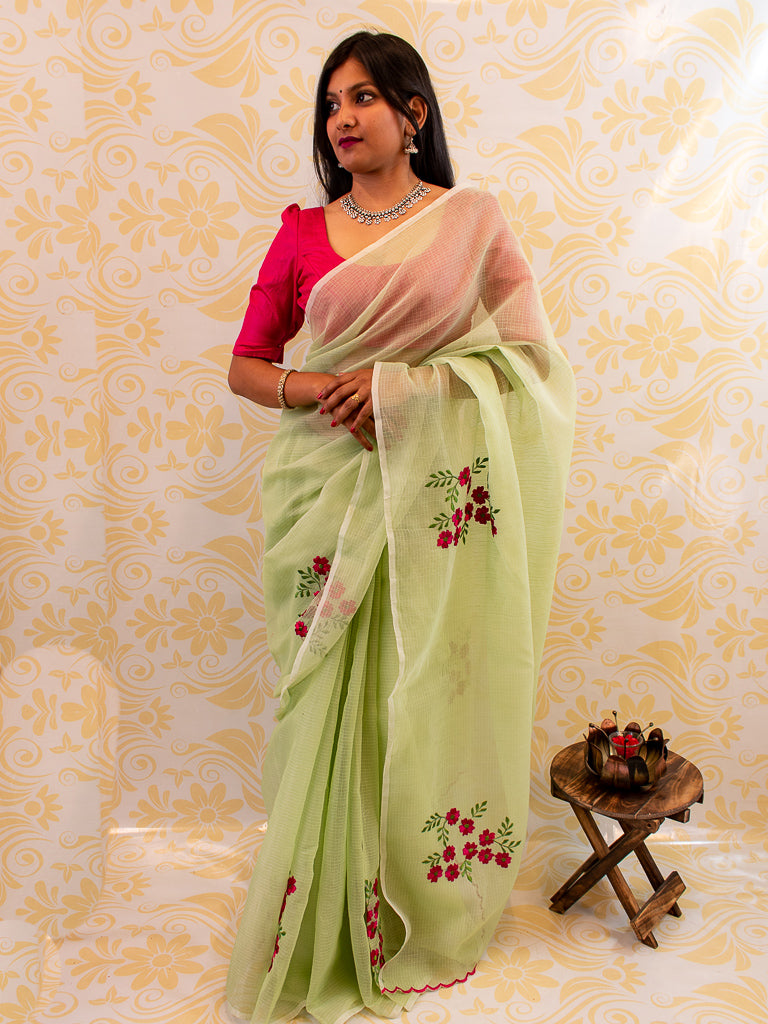 Banarasi Kota Check Floral Embroidery Saree With Contrast Blouse-Pastel Green