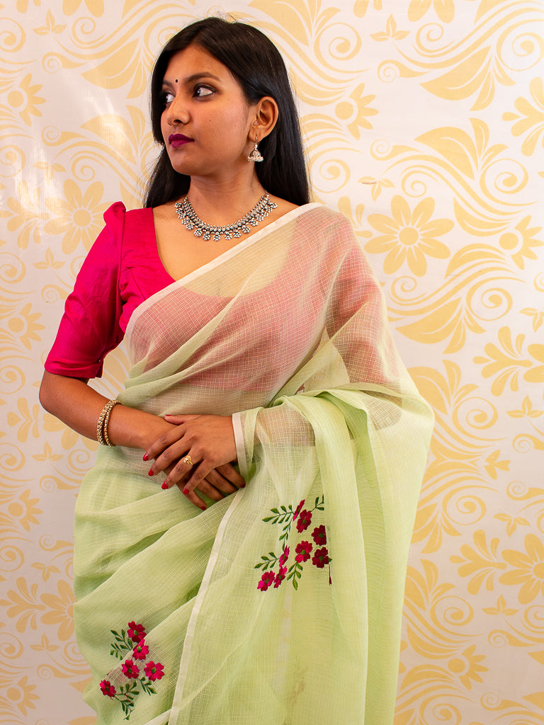 Banarasi Kota Check Floral Embroidery Saree With Contrast Blouse-Pastel Green