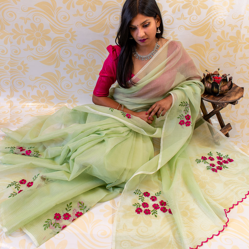 Banarasi Kota Check Floral Embroidery Saree With Contrast Blouse-Pastel Green
