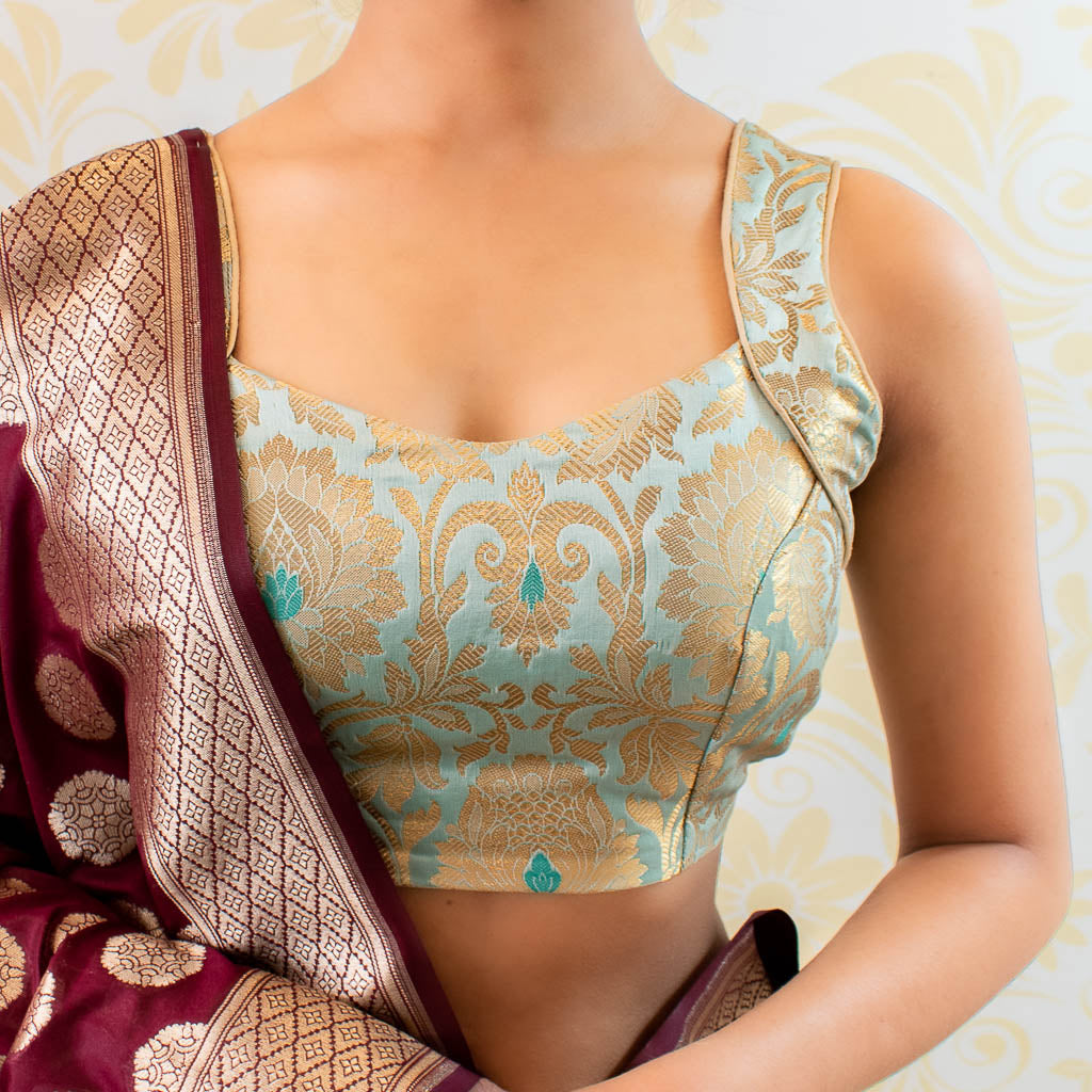 Banarasi Brocade Stitched Sleeveless Blouse-Pastel Blue