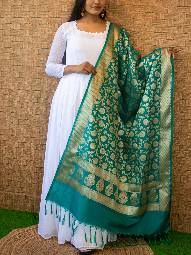 Banarasi Art Silk Floral Jaal Dupatta-Teal Blue