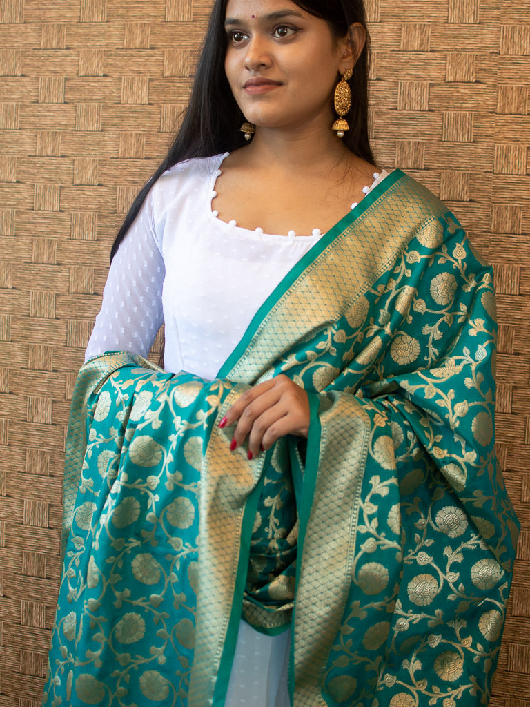 Banarasi Art Silk Floral Jaal Dupatta-Teal Blue