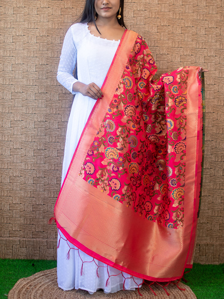 Banarasi Art Silk Meenakari Floral Jaal Dupatta-Red