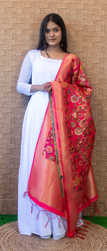 Banarasi Art Silk Meenakari Floral Jaal Dupatta-Red