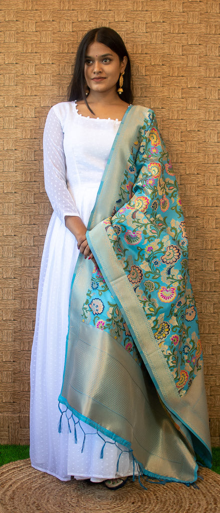 Banarasi Art Silk Meenakari Floral Jaal Dupatta-Blue