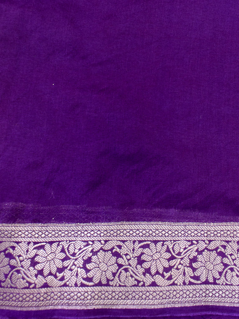 Banarasi Semi Silk Saree With Contrast Floral Weaving Border-Deep Purple