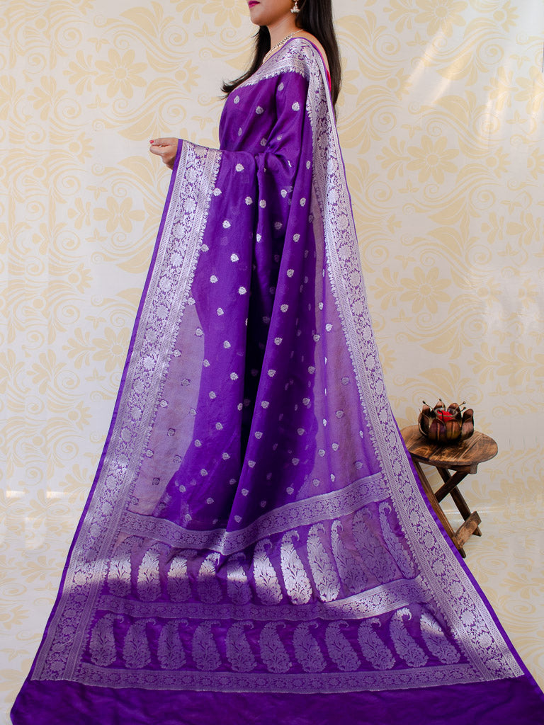 Banarasi Semi Silk Saree With Contrast Floral Weaving Border-Deep Purple