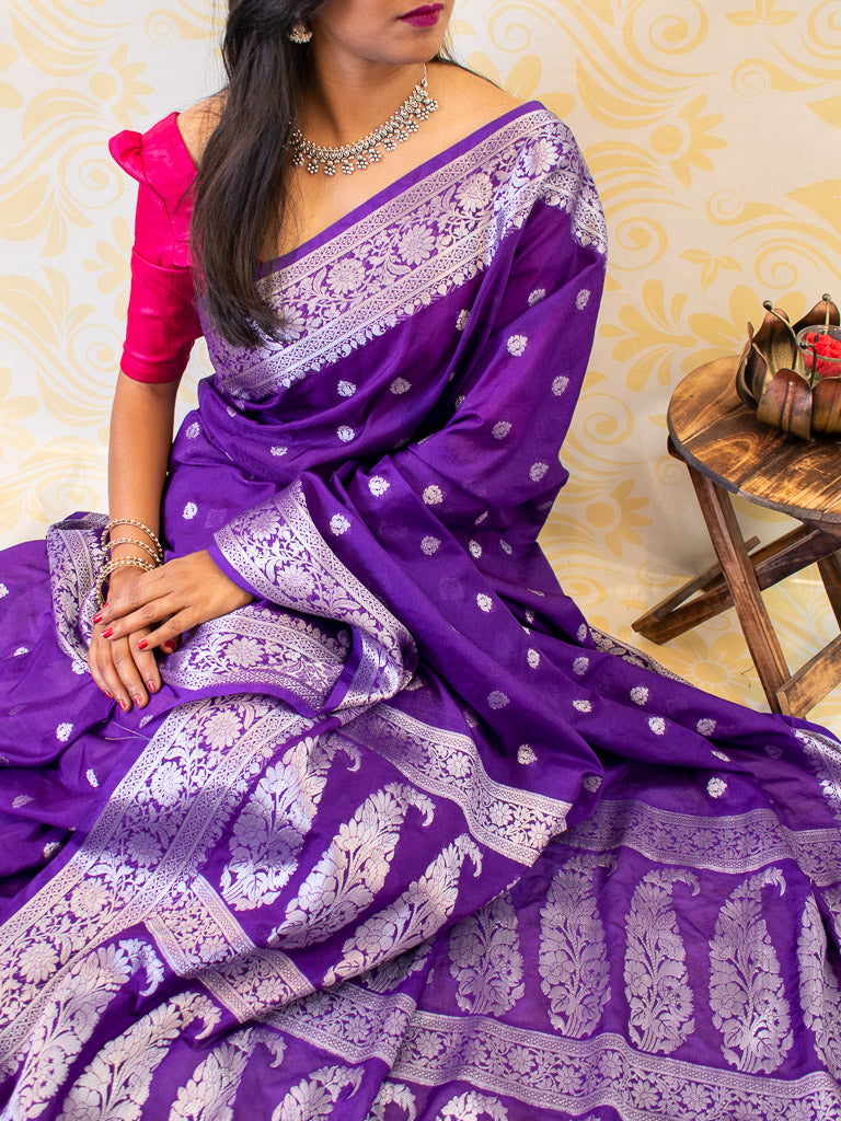 Banarasi Semi Silk Saree With Contrast Floral Weaving Border-Deep Purple