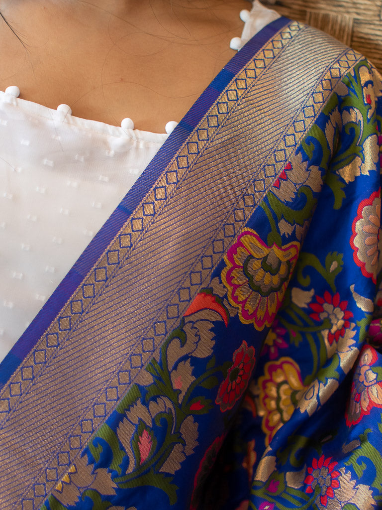 Banarasi Art Silk Meenakari Floral Jaal Dupatta-Navy Blue