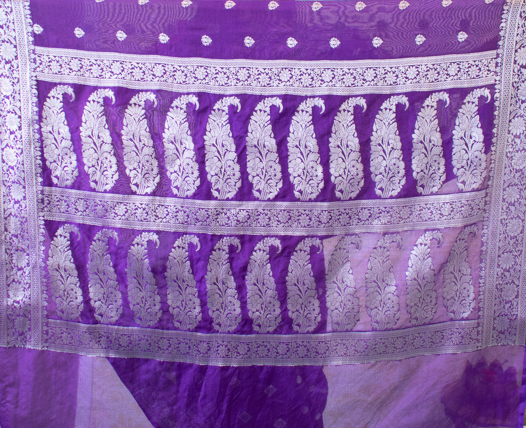 Banarasi Semi Silk Saree With Contrast Floral Weaving Border-Deep Purple