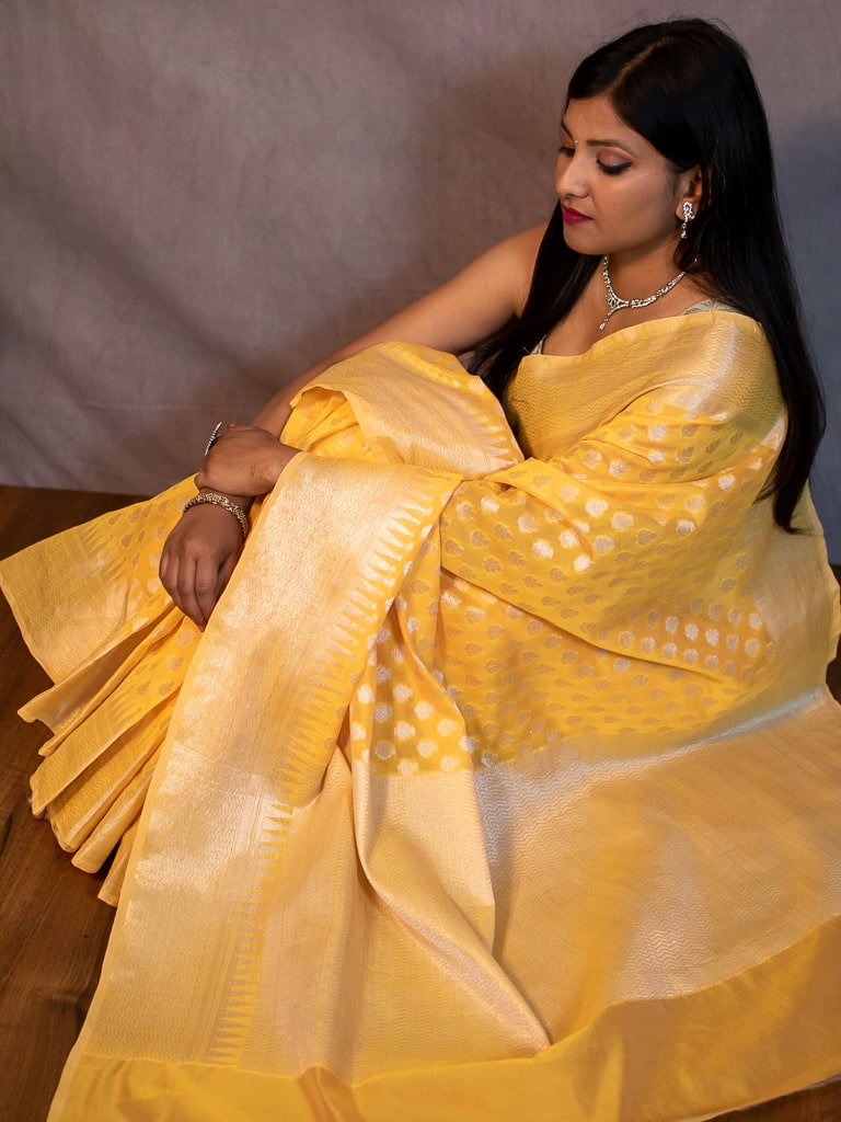Banarasi Cotton Silk Saree With Small Buti Weaving-Yellow