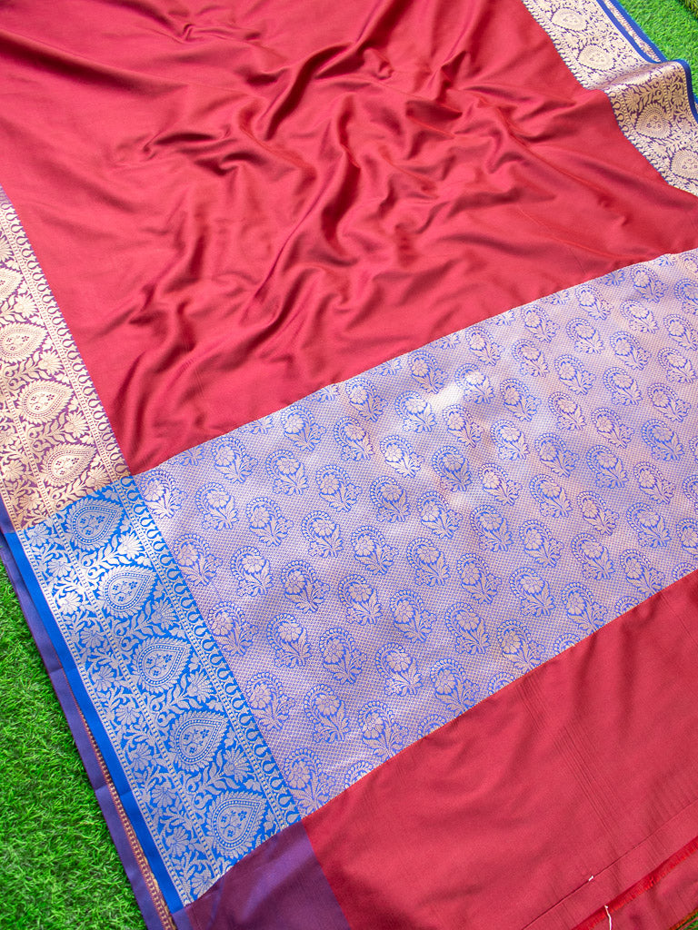 Banarasi Plain Semi Silk Saree With Contrast Pallu-Red