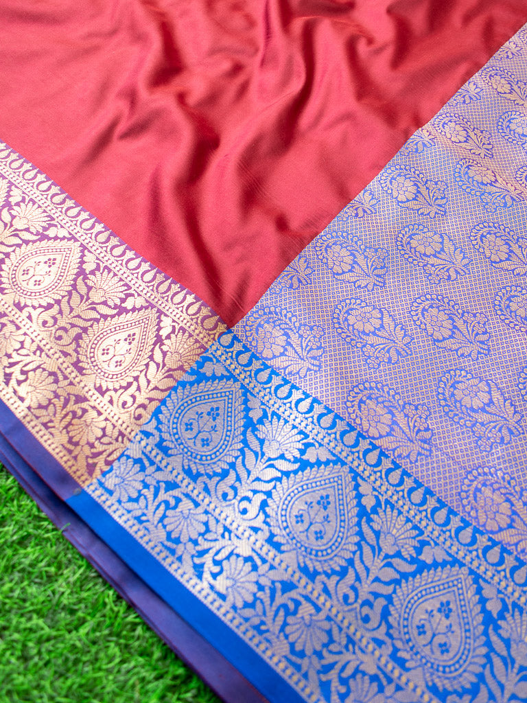 Banarasi Plain Semi Silk Saree With Contrast Pallu-Red