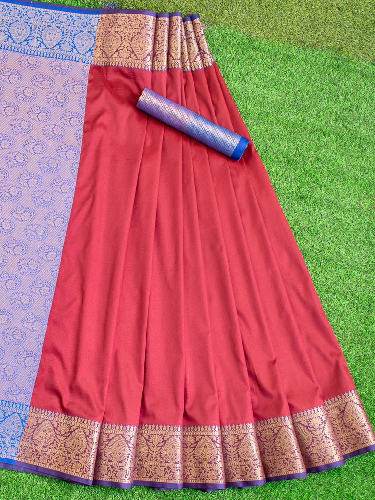 Banarasi Plain Semi Silk Saree With Contrast Pallu-Red