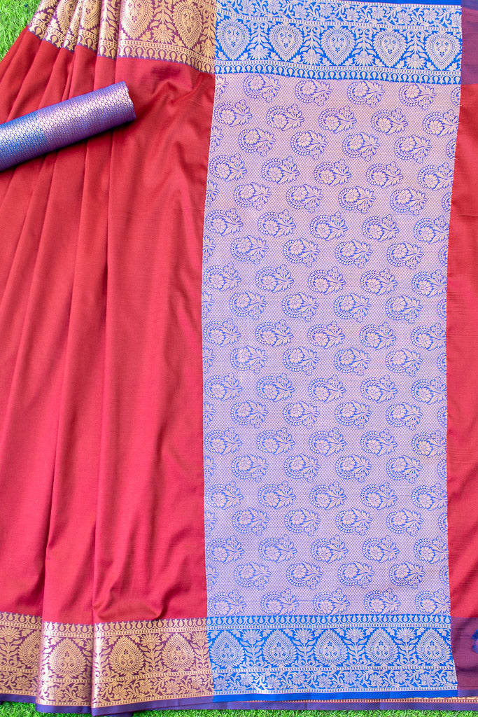 Banarasi Plain Semi Silk Saree With Contrast Pallu-Red