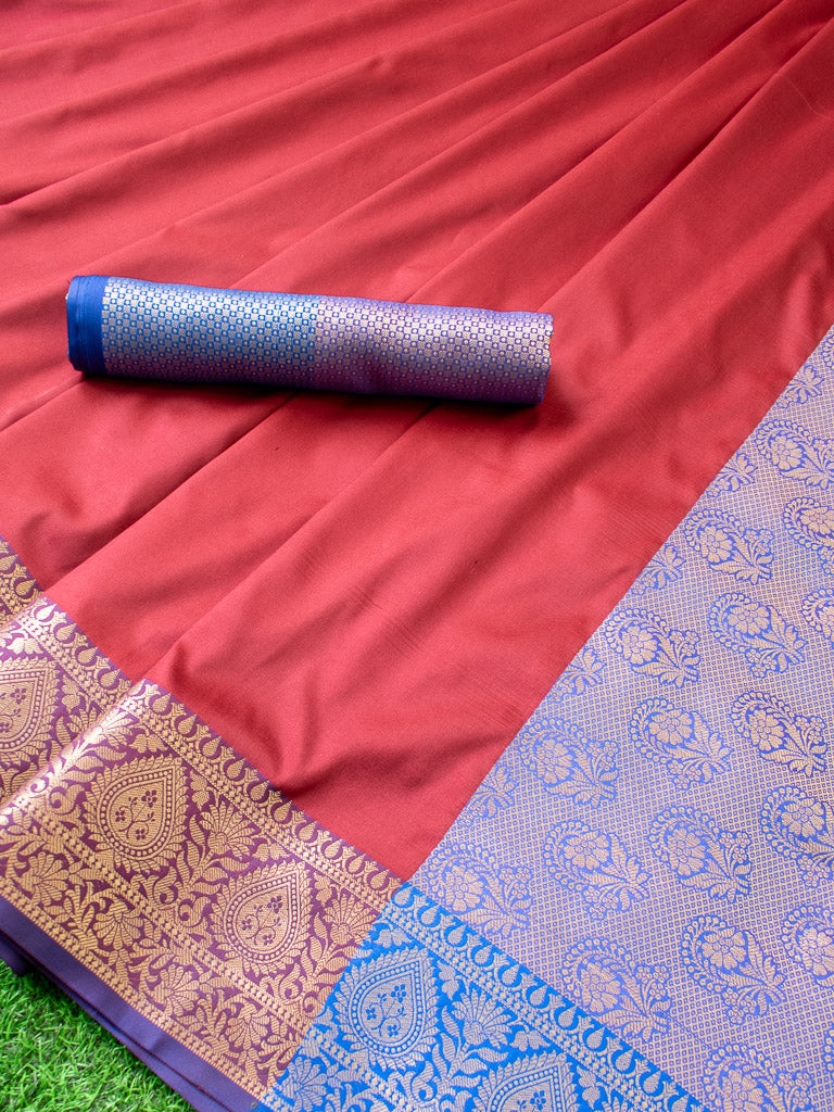 Banarasi Plain Semi Silk Saree With Contrast Pallu-Red