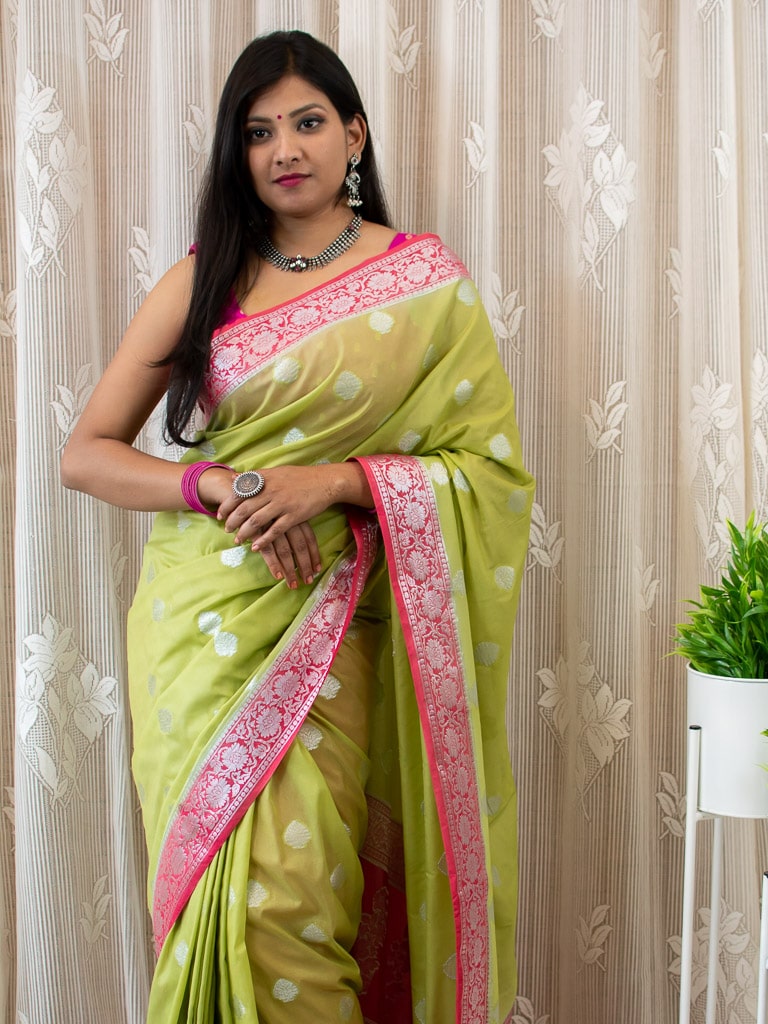 Banarasi Semi Chiffon Saree Silver Zari Buti Weaving & Contrast Border-Green & Pink