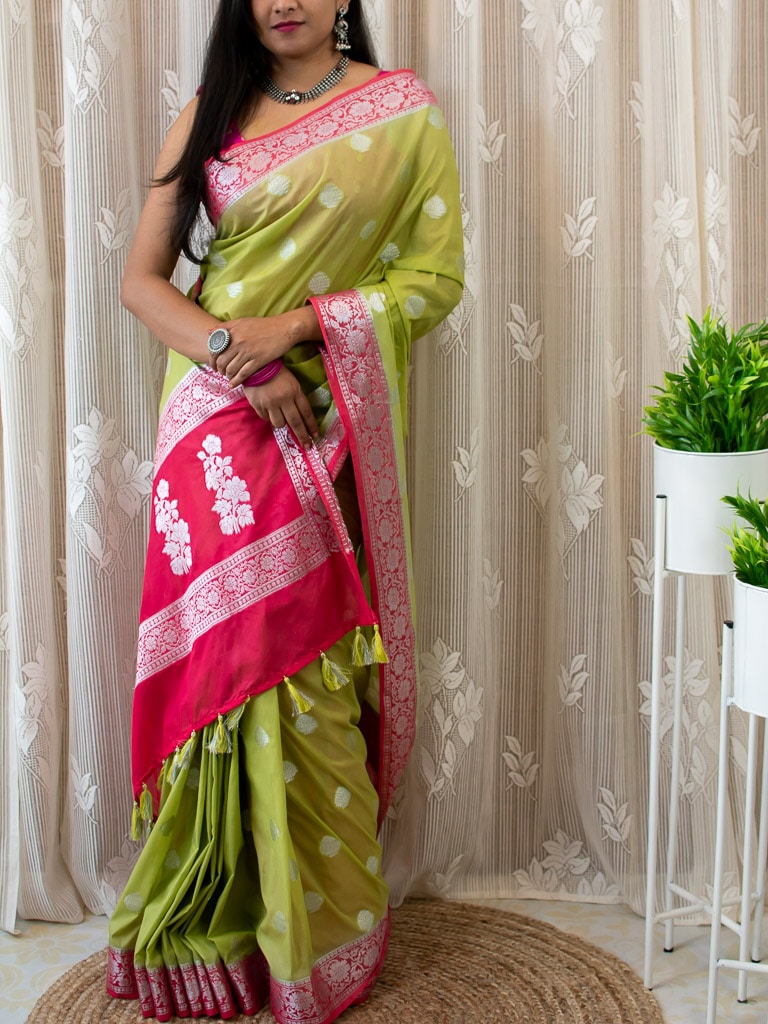 Banarasi Semi Chiffon Saree Silver Zari Buti Weaving & Contrast Border-Green & Pink