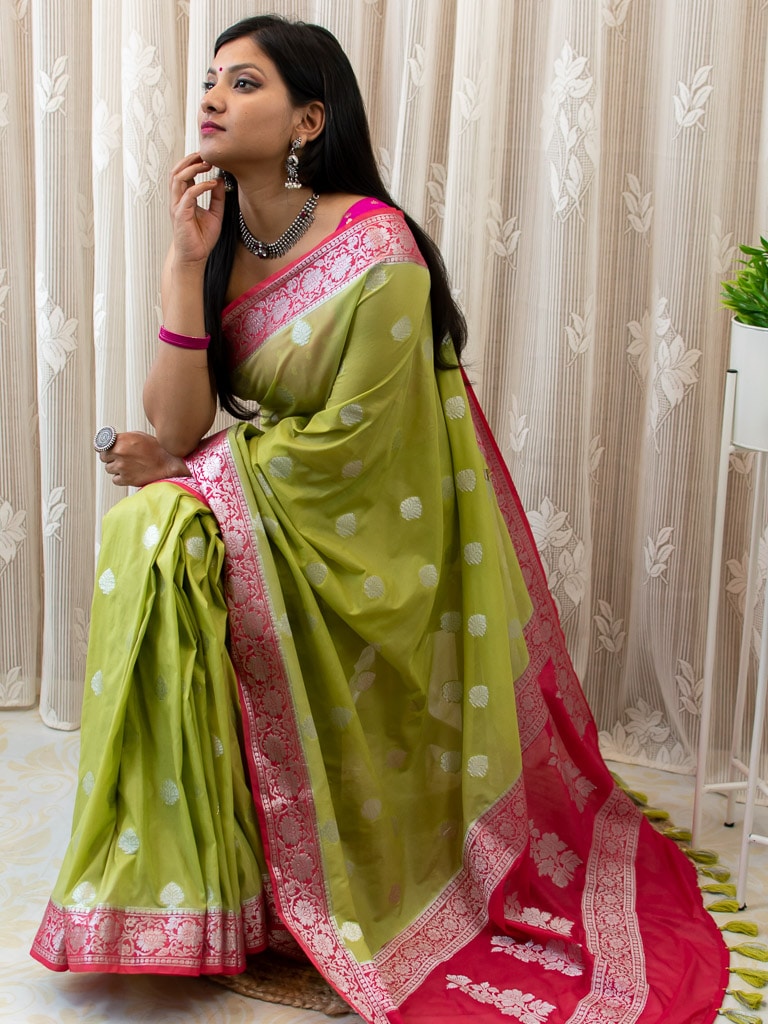 Banarasi Semi Chiffon Saree Silver Zari Buti Weaving & Contrast Border-Green & Pink