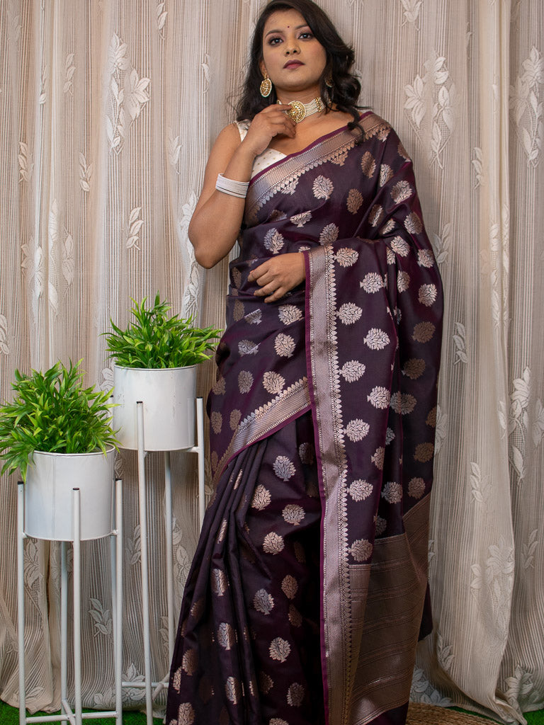 Banarasi Semi Silk Saree With Silver Zari Weaving-Wine