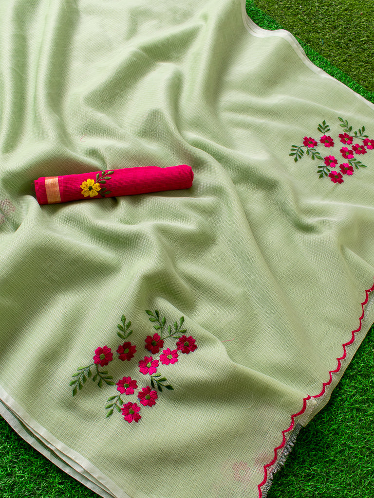 Banarasi Kota Check Floral Embroidery Saree With Contrast Blouse-Pastel Green