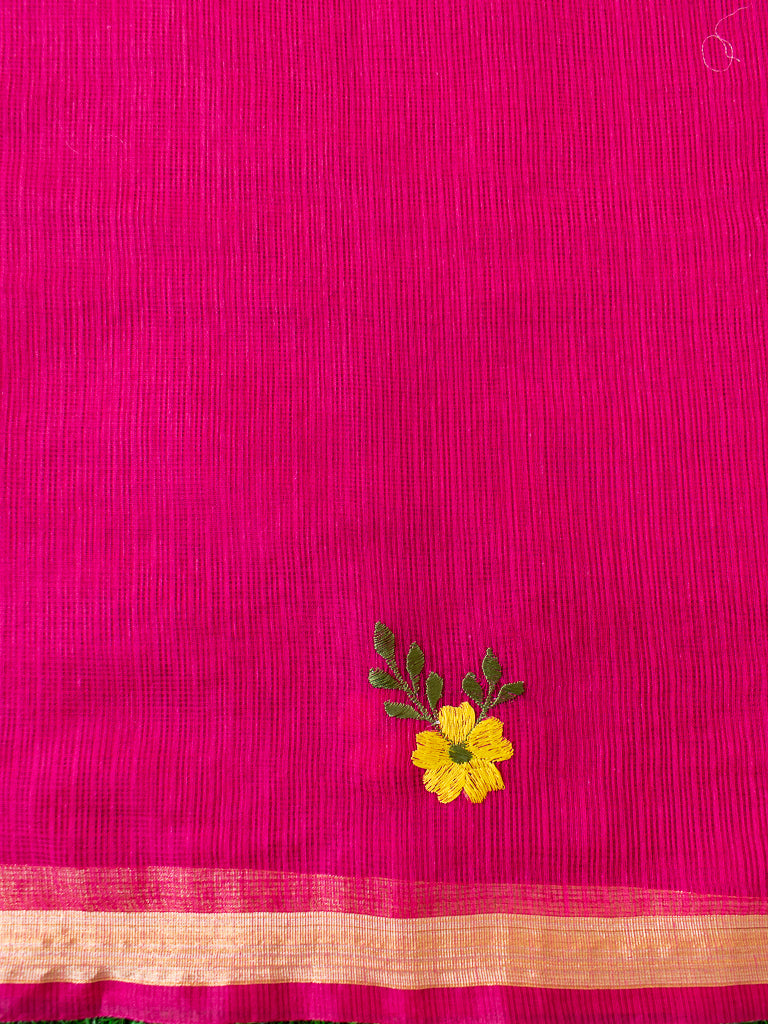 Banarasi Kota Check Floral Embroidery Saree With Contrast Blouse-Pastel Green