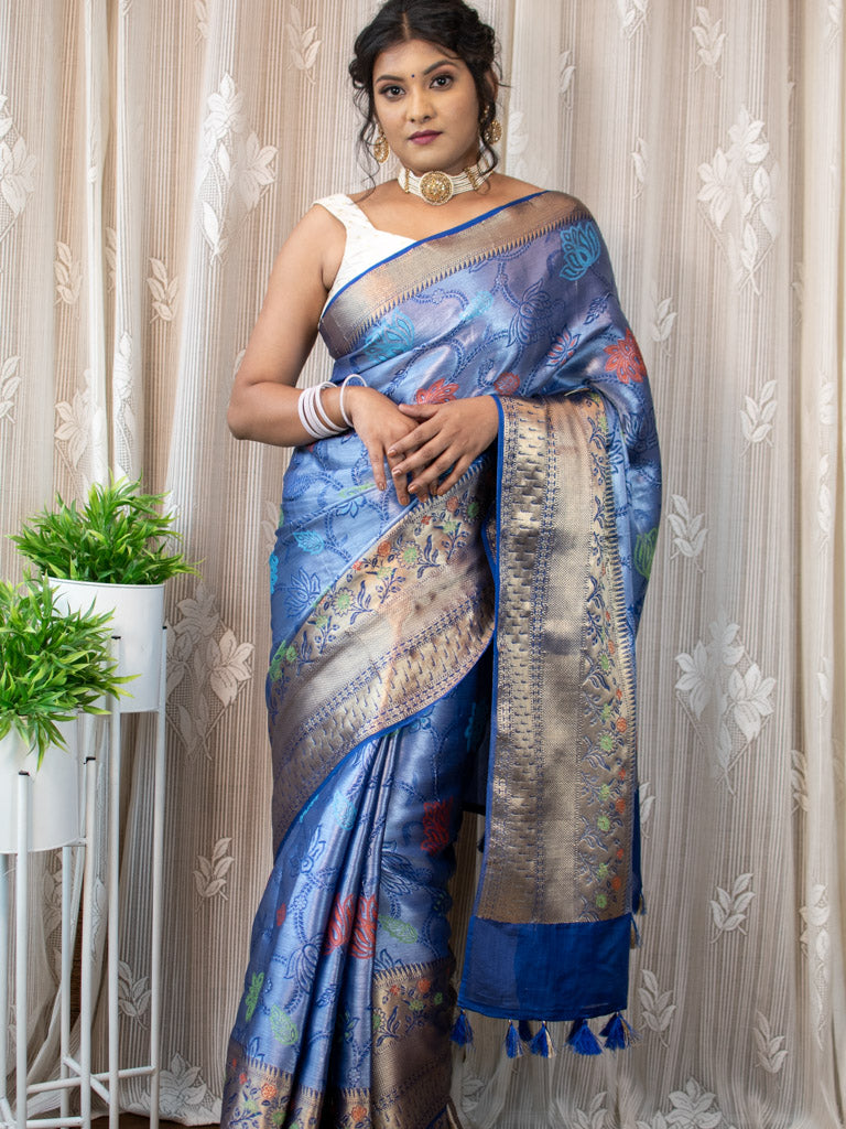 Banarasi Semi Silk Saree With Tanchoi Zari & Meena Weaving-Blue