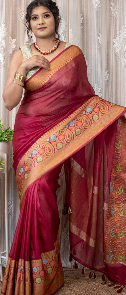 Banarasee Handwoven Semi Silk Plain Saree With Zari Contrast Border-Wh