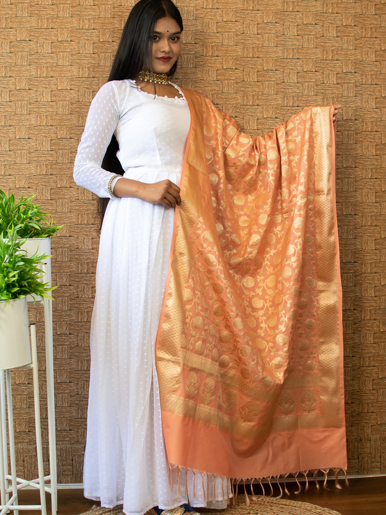 Banarasi Art Silk Floral Jaal Dupatta-Peach