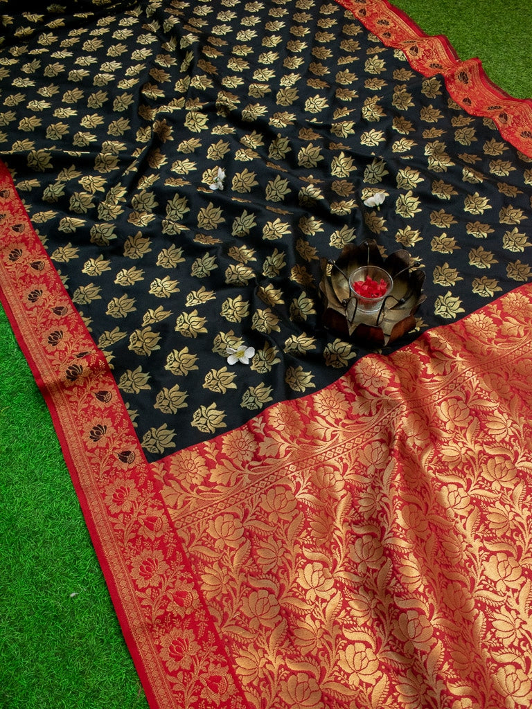 Banarasi Art Silk Saree With Contrast Meena Border-Black & Red