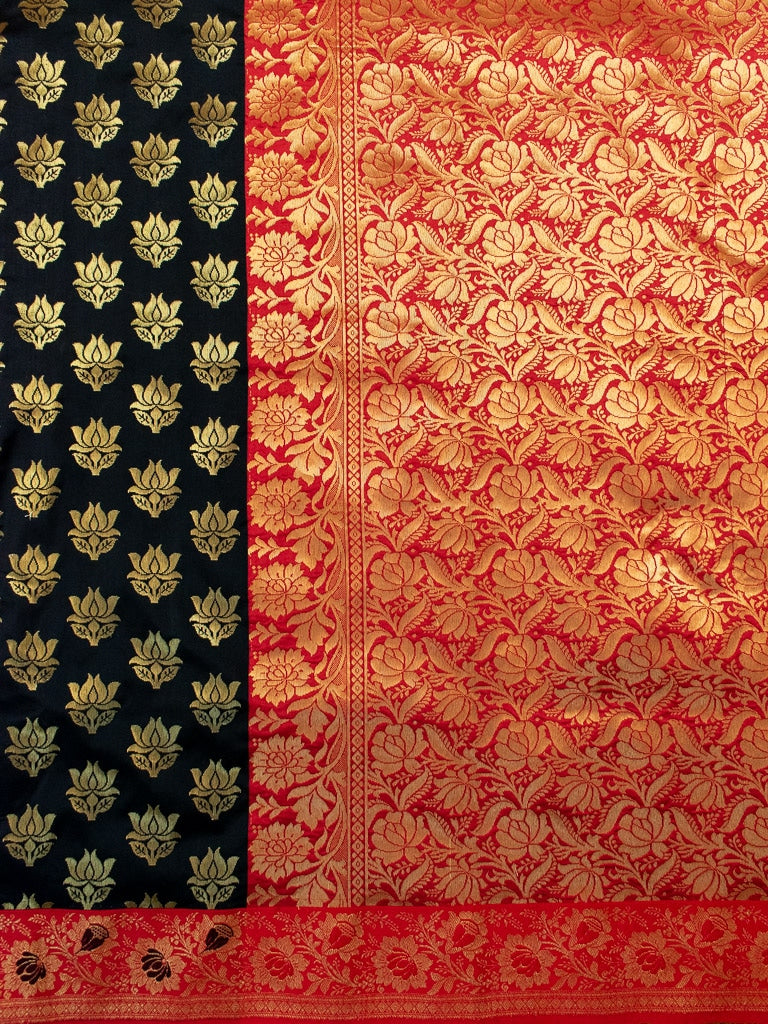 Banarasi Art Silk Saree With Contrast Meena Border-Black & Red