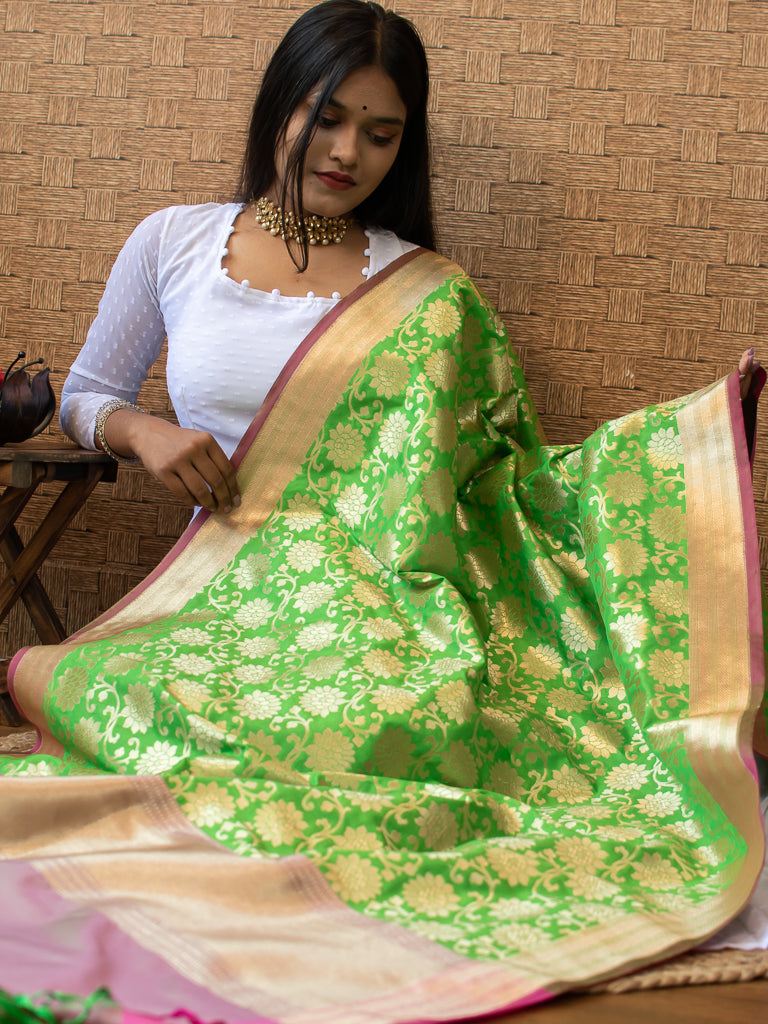 Banarasi Art Silk Floral Dupatta With Contrast Border-Green