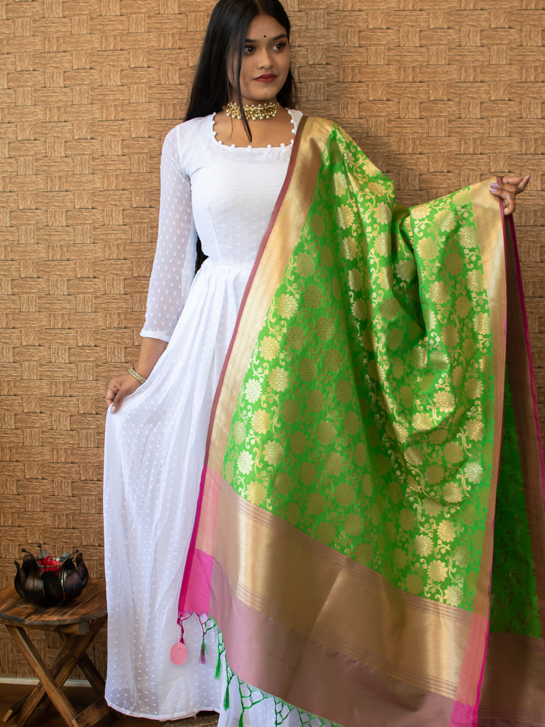 Banarasi Art Silk Floral Dupatta With Contrast Border-Green