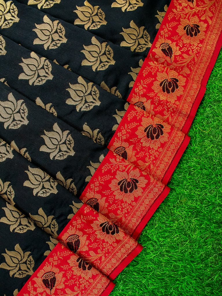 Banarasi Art Silk Saree With Contrast Meena Border-Black & Red