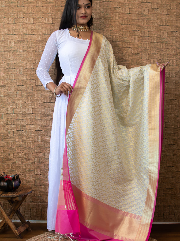 Banarasi Art Silk Floral Dupatta With Contrast Border-White