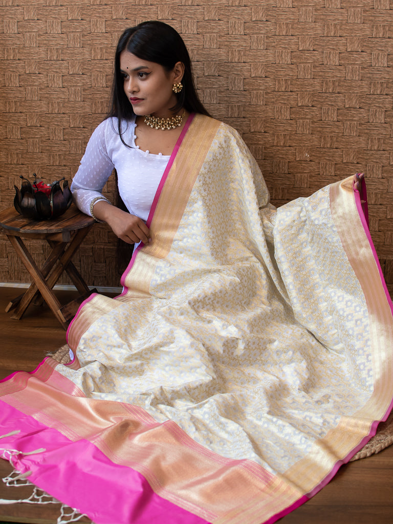 Banarasi Art Silk Floral Dupatta With Contrast Border-White
