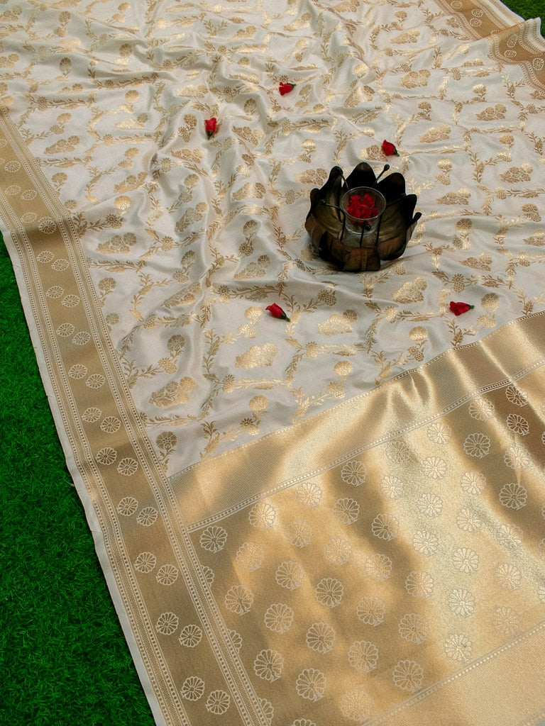 Banarasi Art Katan Silk Saree With Zari Jaal Weaving-Off White