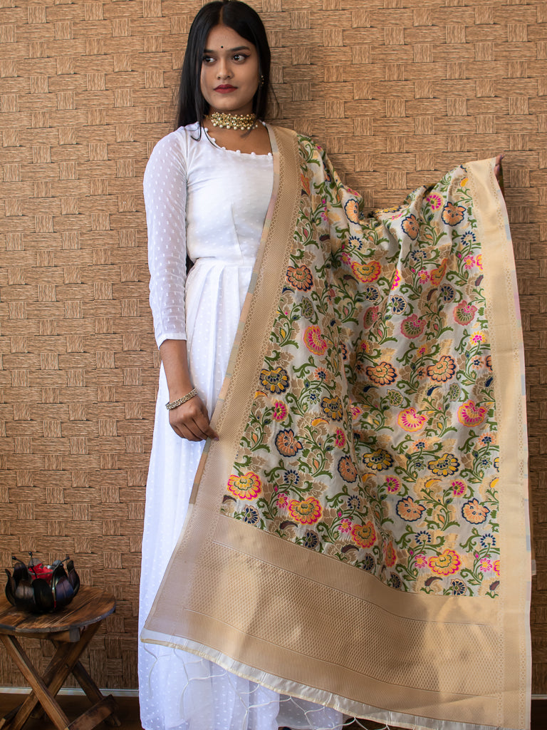 Banarasi Art Silk Floral Dupatta With Contrast Border-Ivory White