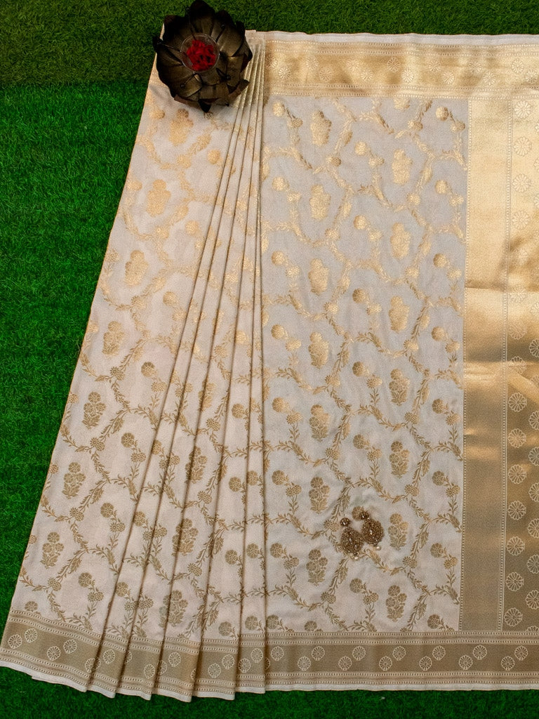 Banarasi Art Katan Silk Saree With Zari Jaal Weaving-Off White