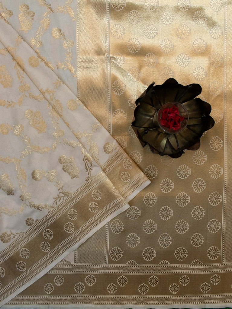 Banarasi Art Katan Silk Saree With Zari Jaal Weaving-Off White