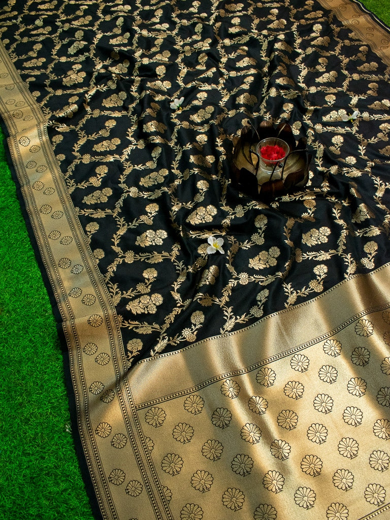 Banarasi Art Katan Silk Saree With Zari Jaal Weaving-Black
