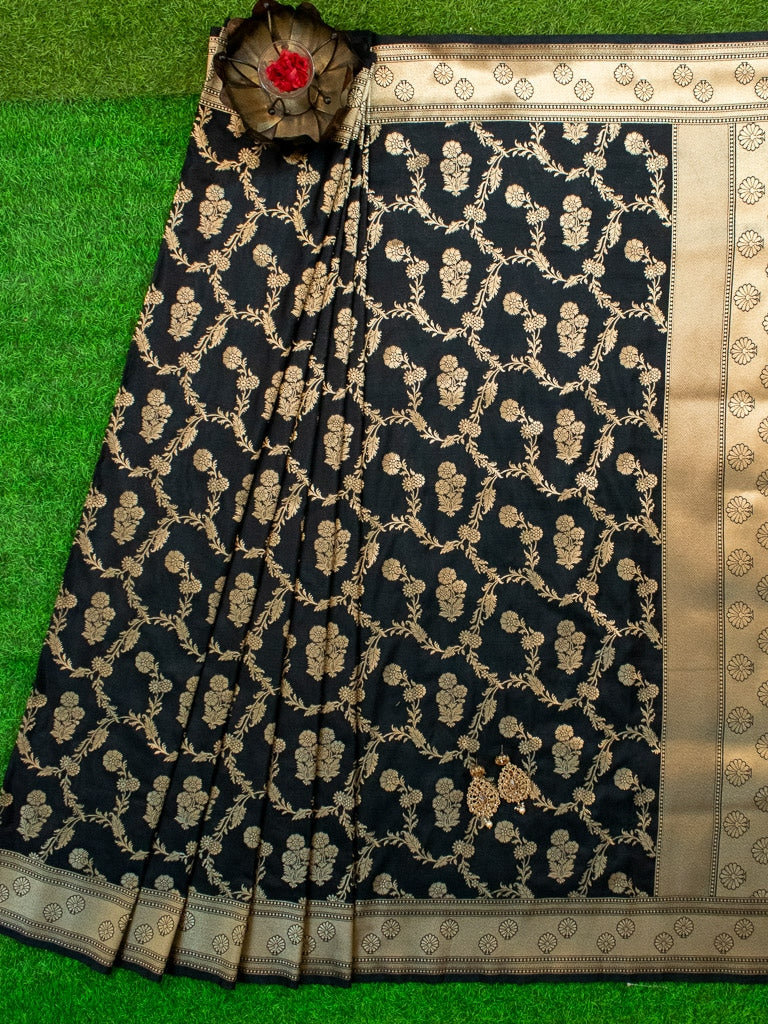 Banarasi Art Katan Silk Saree With Zari Jaal Weaving-Black