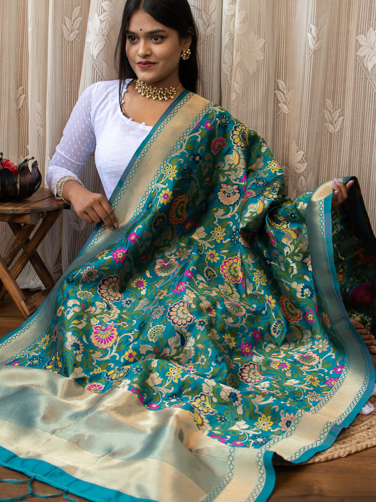 Banarasi Art Silk Floral Dupatta With Contrast Border-Teal