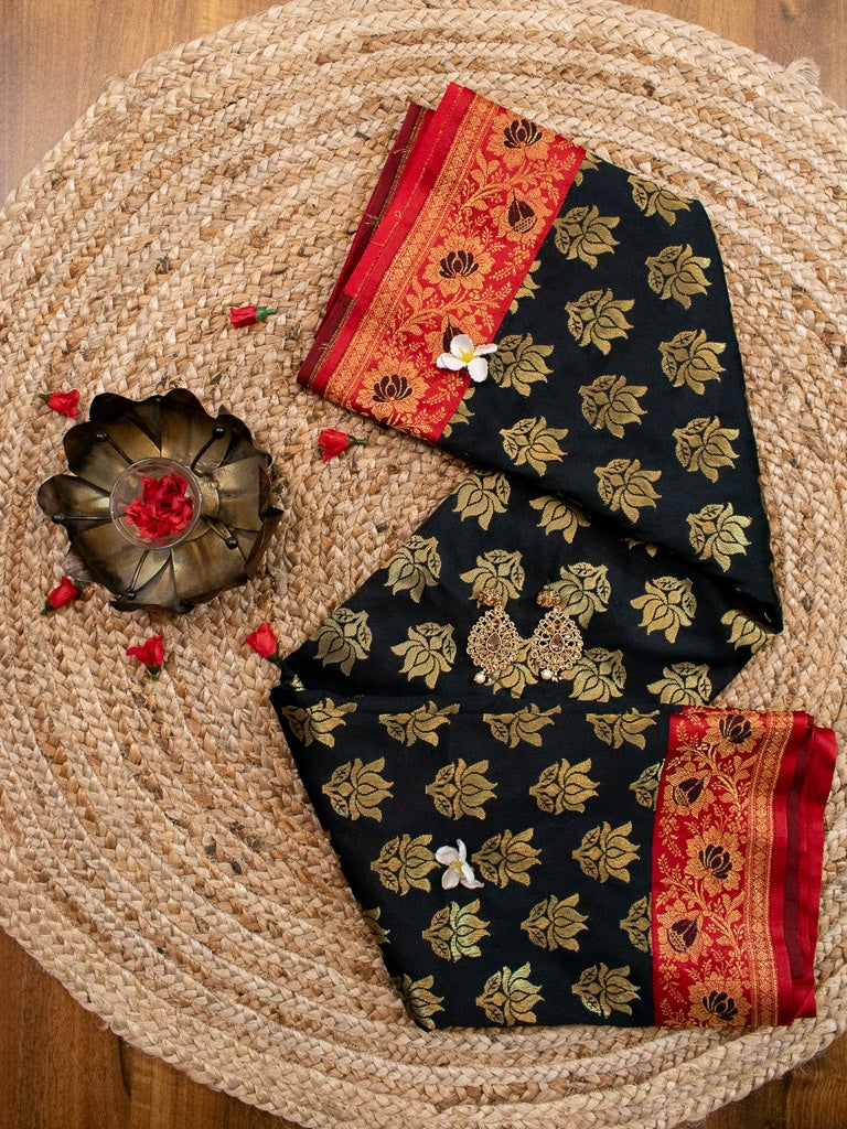 Banarasi Art Silk Saree With Contrast Meena Border-Black & Red