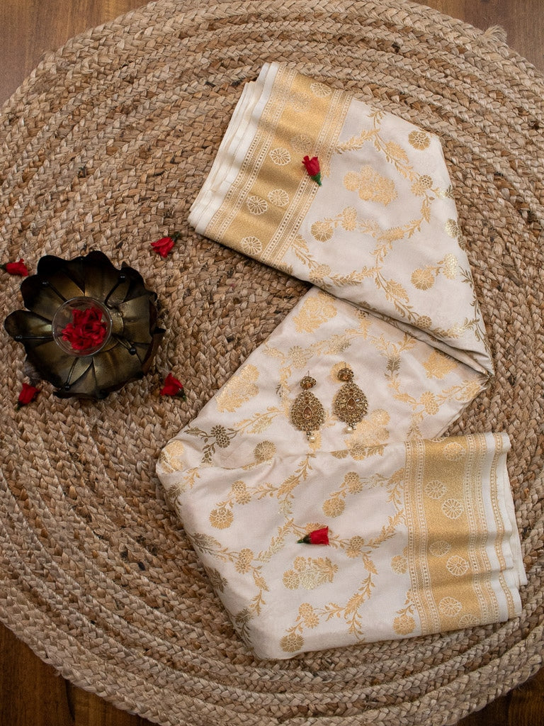 Banarasi Art Katan Silk Saree With Zari Jaal Weaving-Off White