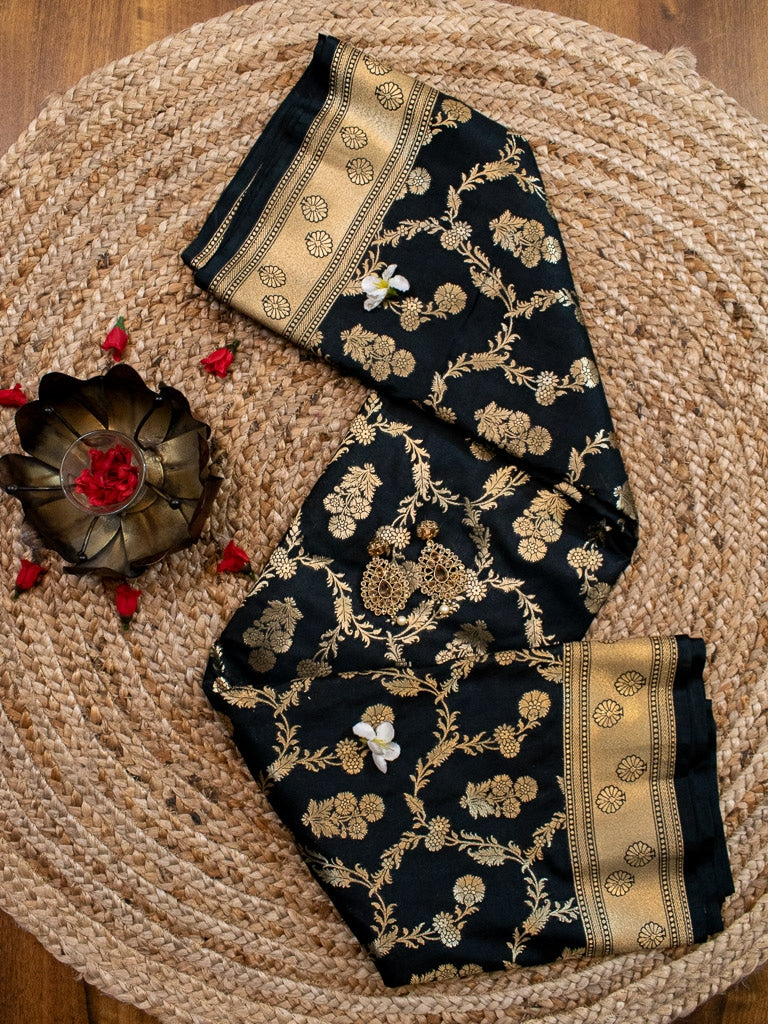 Banarasi Art Katan Silk Saree With Zari Jaal Weaving-Black