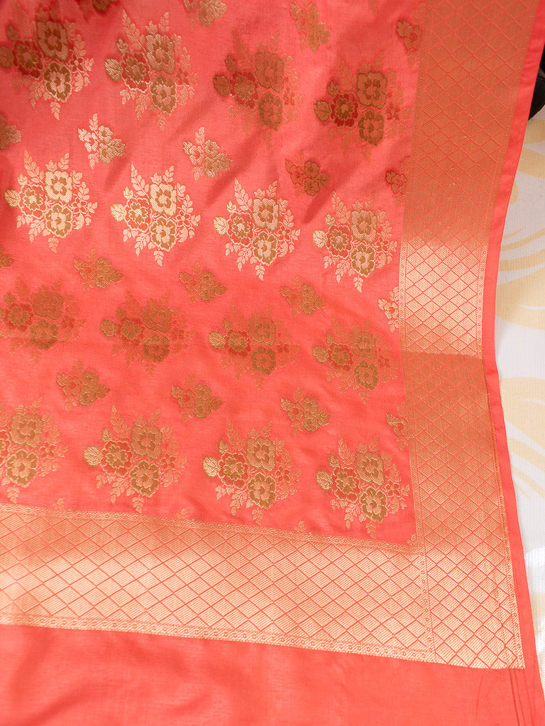 Banarasi Handloom Semi Silk Salwar Kameez Zari & Meena Floral Weaving Fabric-Coral Pink